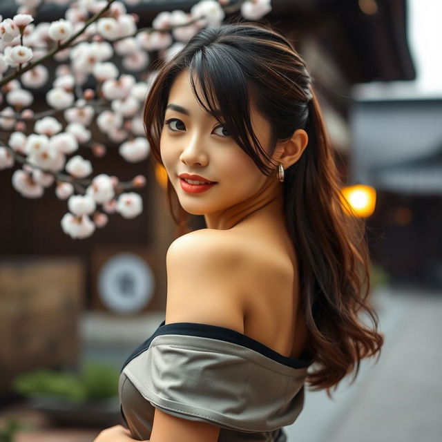 A captivating image of a beautiful Japanese woman with an elegant demeanor, posing gracefully in a stylish outfit that subtly highlights her curves