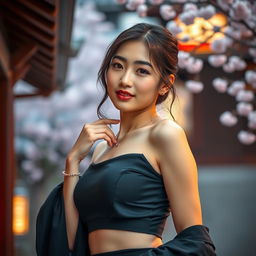 A captivating image of a beautiful Japanese woman with an elegant demeanor, posing gracefully in a stylish outfit that subtly highlights her curves