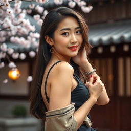 A captivating image of a beautiful Japanese woman with an elegant demeanor, posing gracefully in a stylish outfit that subtly highlights her curves