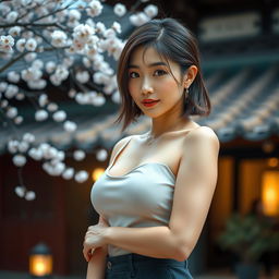 A captivating image of a beautiful Japanese woman with an elegant demeanor, posing gracefully in a stylish outfit that subtly highlights her curves