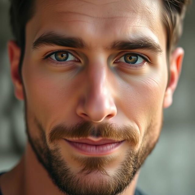 A close-up portrait of a handsome man with a subtly groomed beard