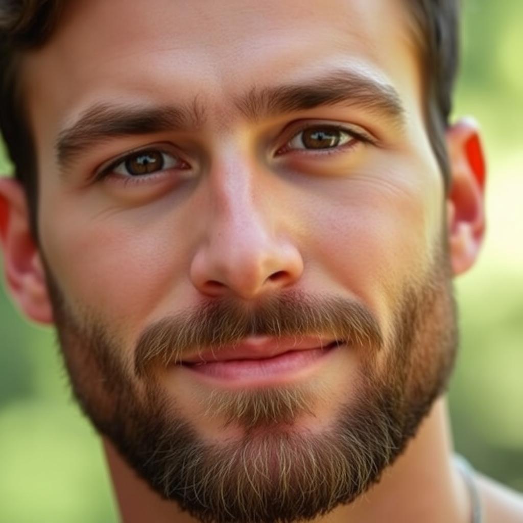 A close-up portrait of a handsome man with a subtly groomed beard