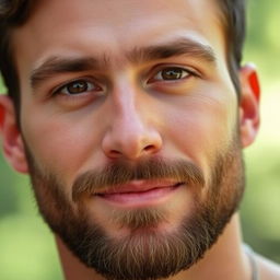 A close-up portrait of a handsome man with a subtly groomed beard