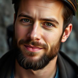 A close-up portrait of a handsome man with a subtly groomed beard
