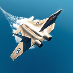 A highly detailed and realistic fighter jet flying at high speed through a clear blue sky, showcasing its sleek design and powerful presence