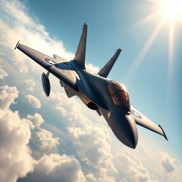 A highly detailed and realistic fighter jet flying at high speed through a clear blue sky, showcasing its sleek design and powerful presence