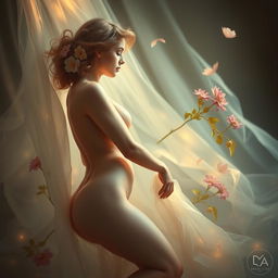 A beautifully artistic representation of an elegant figure in a soft, ethereal setting, with a focus on the sense of playful innocence and self-discovery
