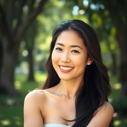 A beautiful Asian woman in her 40s, radiating confidence and grace, with a natural and elegant pose