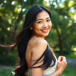 A beautiful Asian woman in her 40s, radiating confidence and grace, with a natural and elegant pose