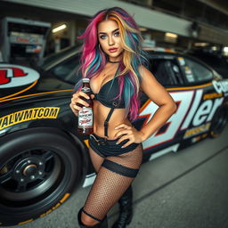 A wide-angle photo of a sexy, beautiful, thick curvy, thin-faced 18-year-old woman with long messy multi-colored rainbow hair