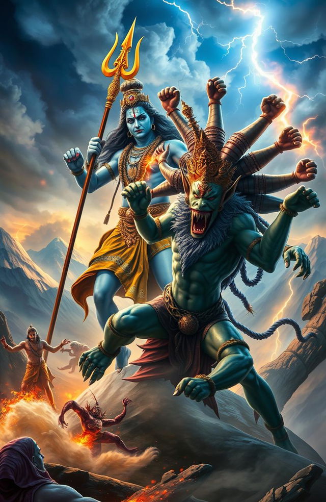 A dramatic scene depicting the legendary battle between Lord Shiva and Ravana