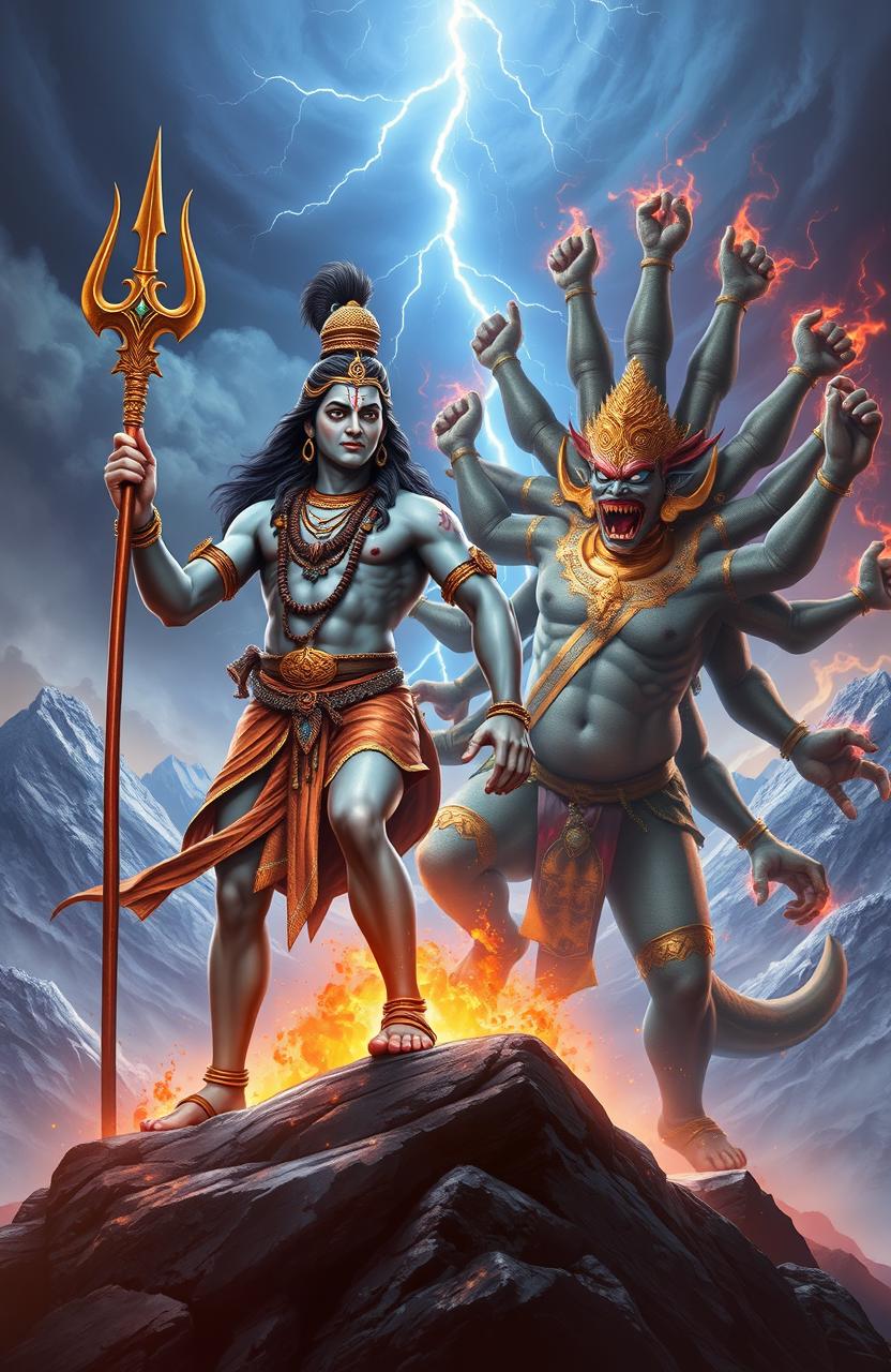 A dramatic scene depicting the legendary battle between Lord Shiva and Ravana