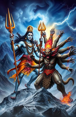 A dramatic scene depicting the legendary battle between Lord Shiva and Ravana