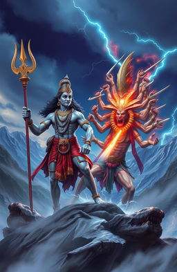 A dramatic scene depicting the legendary battle between Lord Shiva and Ravana