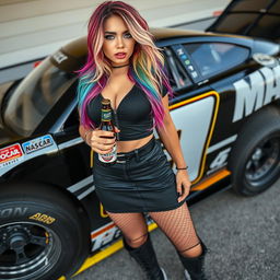 A wide angle photo of a sexy, beautiful, thick curvy, thin-faced 18-year-old girl with long messy multi-colored rainbow hair