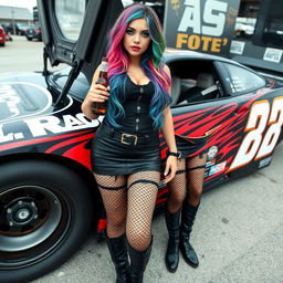 A wide angle photo of a sexy, beautiful, thick curvy, thin-faced 18-year-old girl with long messy multi-colored rainbow hair