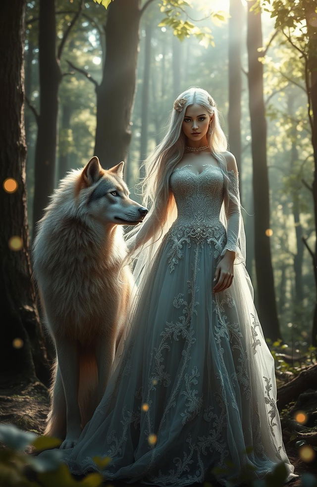 A mystical scene featuring a beautiful, ethereal lady with flowing silver hair dressed in a stunning, ornate gown adorned with intricate lace and sparkling jewels