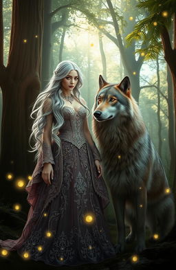 A mystical scene featuring a beautiful, ethereal lady with flowing silver hair dressed in a stunning, ornate gown adorned with intricate lace and sparkling jewels