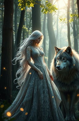 A mystical scene featuring a beautiful, ethereal lady with flowing silver hair dressed in a stunning, ornate gown adorned with intricate lace and sparkling jewels
