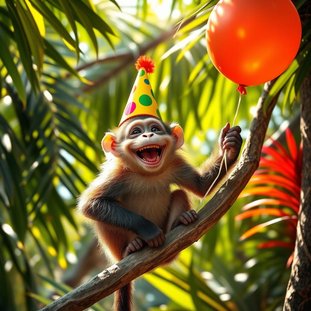 A whimsical scene featuring a playful monkey wearing a colorful party hat and holding a cheerful balloon, surrounded by vibrant tropical foliage