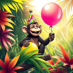 A whimsical scene featuring a playful monkey wearing a colorful party hat and holding a cheerful balloon, surrounded by vibrant tropical foliage