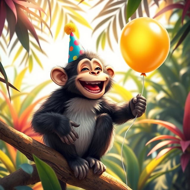 A whimsical scene featuring a playful monkey wearing a colorful party hat and holding a cheerful balloon, surrounded by vibrant tropical foliage