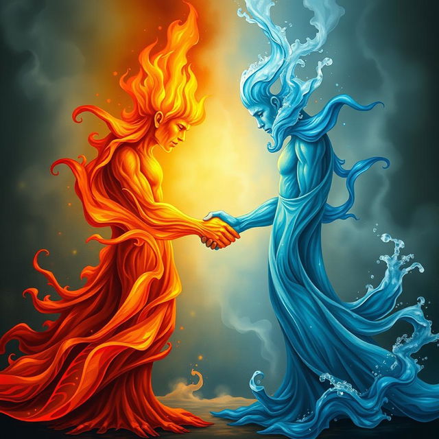 A personification of Fire and Water shaking hands in a harmonious and balanced encounter