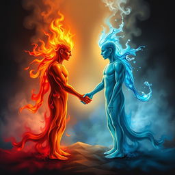 A personification of Fire and Water shaking hands in a harmonious and balanced encounter