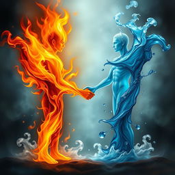 A personification of Fire and Water shaking hands in a harmonious and balanced encounter