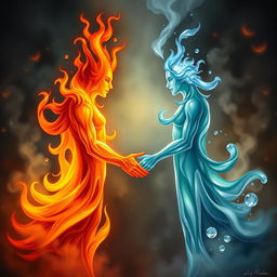 A personification of Fire and Water shaking hands in a harmonious and balanced encounter