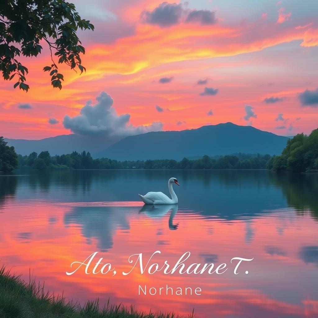 A beautiful scene featuring a serene sunset over a tranquil lake with vibrant hues of orange, pink, and purple reflecting on the water's surface