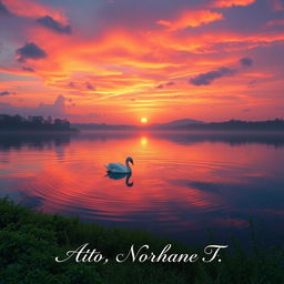 A beautiful scene featuring a serene sunset over a tranquil lake with vibrant hues of orange, pink, and purple reflecting on the water's surface