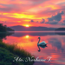 A beautiful scene featuring a serene sunset over a tranquil lake with vibrant hues of orange, pink, and purple reflecting on the water's surface