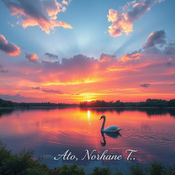 A beautiful scene featuring a serene sunset over a tranquil lake with vibrant hues of orange, pink, and purple reflecting on the water's surface