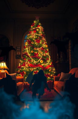 A beautifully decorated living room for Christmas, featuring a lavish tree adorned with red and gold ornaments, glowing lights, and cheerful decorations