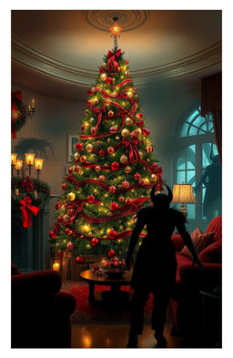 A beautifully decorated living room for Christmas, featuring a lavish tree adorned with red and gold ornaments, glowing lights, and cheerful decorations