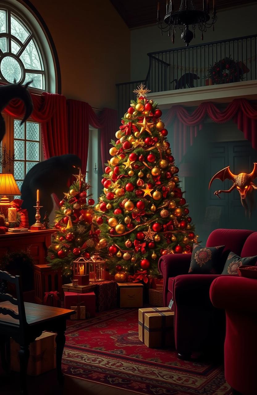 A beautifully decorated living room for Christmas, featuring a lavish tree adorned with red and gold ornaments, glowing lights, and cheerful decorations