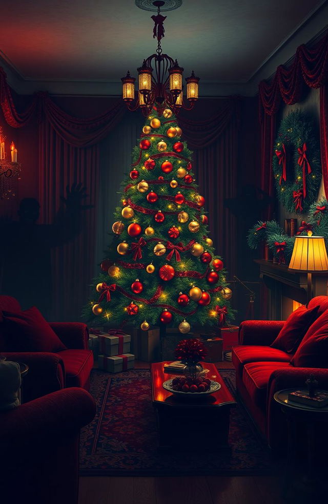 A beautifully decorated living room for Christmas, featuring a lavish tree adorned with red and gold ornaments, glowing lights, and cheerful decorations