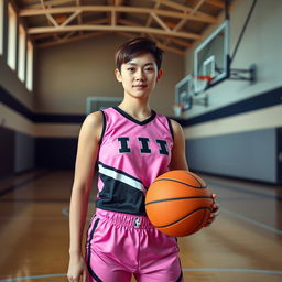 A young woman with short hair, wearing a pink and black basketball outfit, standing confidently in a gymnasium, holding a basketball