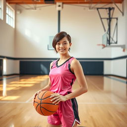 A young woman with short hair, wearing a pink and black basketball outfit, standing confidently in a gymnasium, holding a basketball