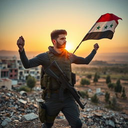 A young Syrian man standing heroically with a determined expression, dressed in modern tactical gear, holding a flag of Syria as he looks towards the horizon