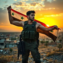 A young Syrian man standing heroically with a determined expression, dressed in modern tactical gear, holding a flag of Syria as he looks towards the horizon
