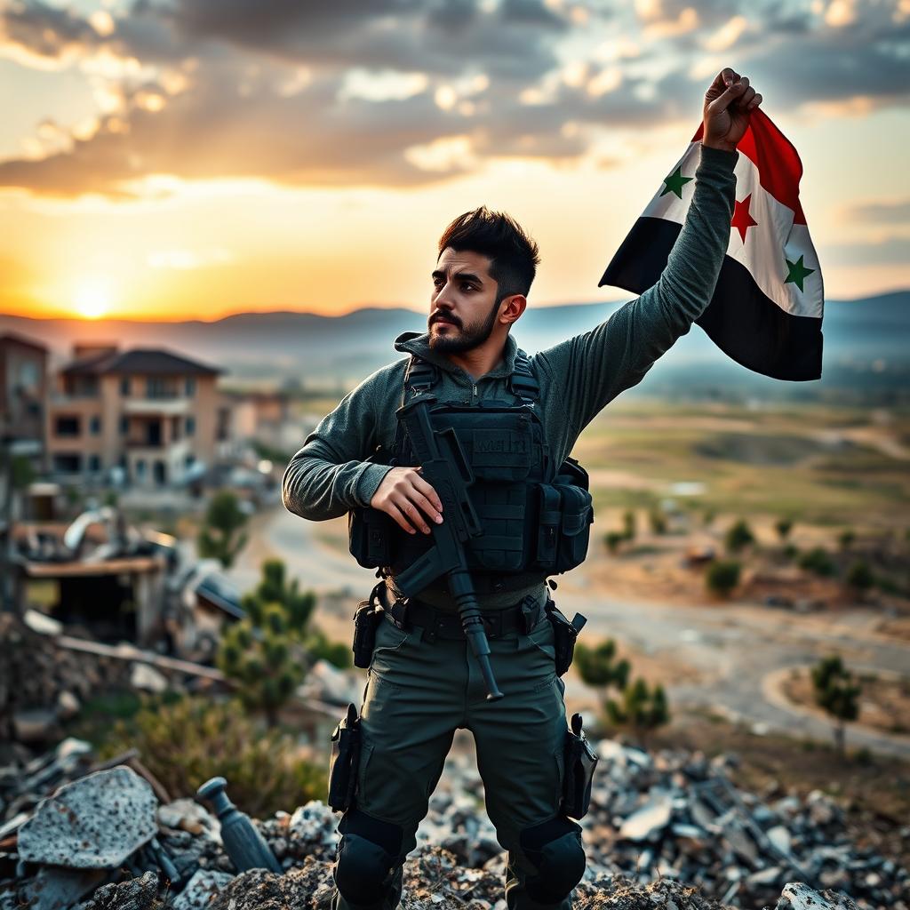 A young Syrian man standing heroically with a determined expression, dressed in modern tactical gear, holding a flag of Syria as he looks towards the horizon