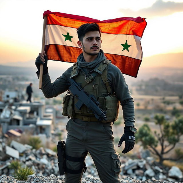 A young Syrian man standing heroically with a determined expression, dressed in modern tactical gear, holding a flag of Syria as he looks towards the horizon