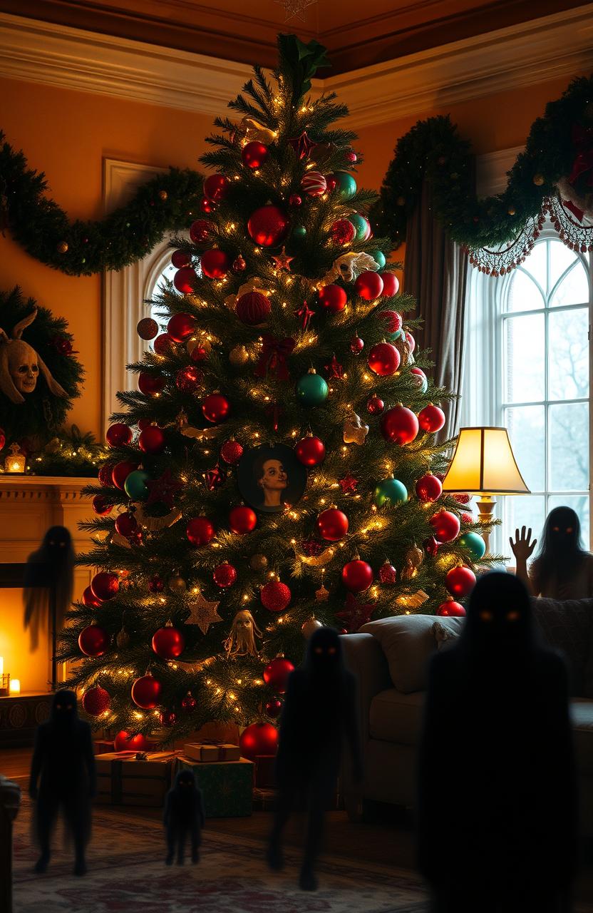 A beautifully decorated living room for Christmas, with a large evergreen tree adorned with shining ornaments in red and green