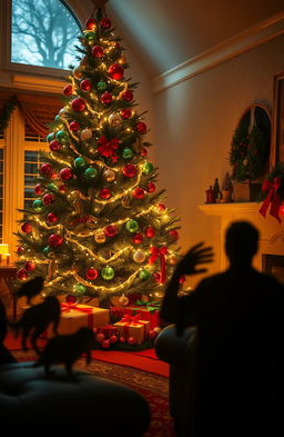 A beautifully decorated living room for Christmas, with a large evergreen tree adorned with shining ornaments in red and green
