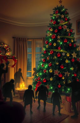 A beautifully decorated living room for Christmas, with a large evergreen tree adorned with shining ornaments in red and green