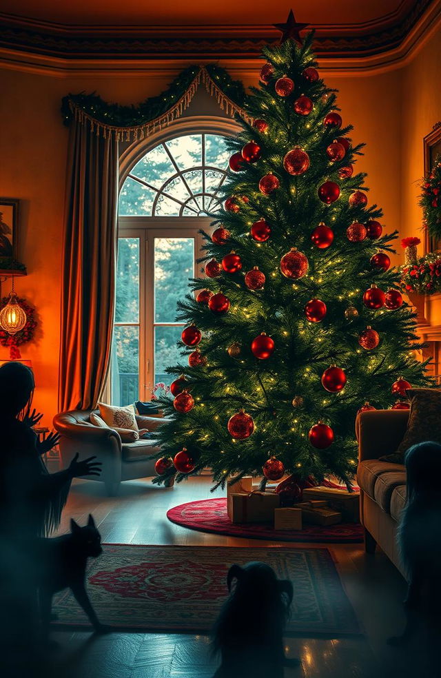 A beautifully decorated living room for Christmas, with a large evergreen tree adorned with shining ornaments in red and green