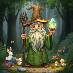 A whimsical cartoon character of an earth wizard, featuring a lush green robe adorned with nature motifs like leaves and flowers