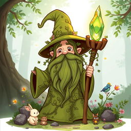 A whimsical cartoon character of an earth wizard, featuring a lush green robe adorned with nature motifs like leaves and flowers